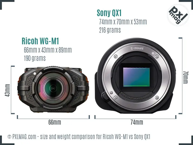 Ricoh WG-M1 vs Sony QX1 size comparison Ricoh WG-M1 vs Sony QX1 size comparison