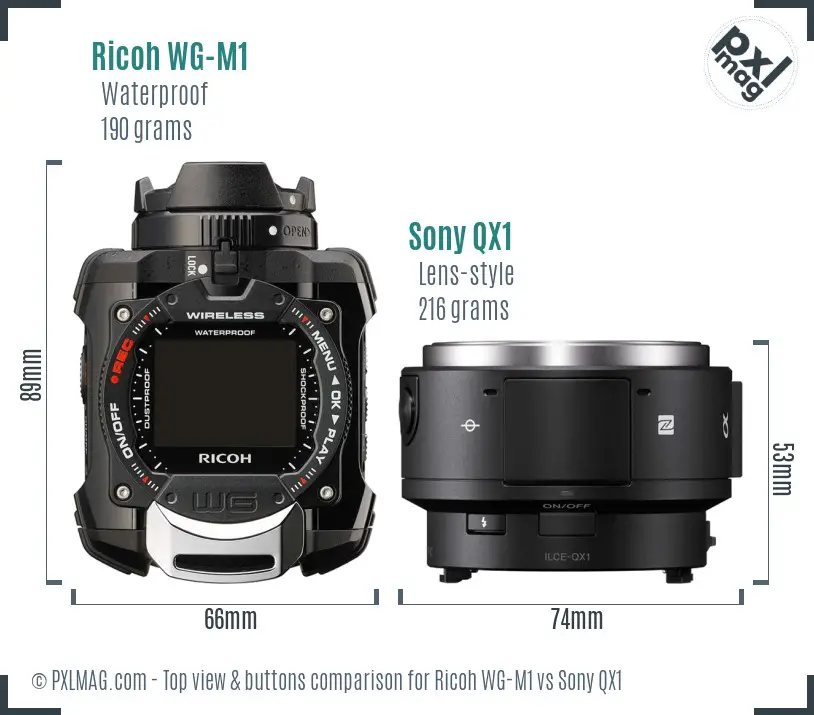 Ricoh WG-M1 vs Sony QX1 top view buttons comparison Ricoh WG-M1 vs Sony QX1 top view buttons comparison