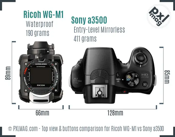 Ricoh WG-M1 vs Sony a3500 top view buttons comparison