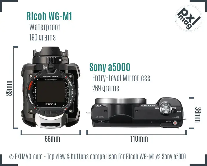 Ricoh WG-M1 vs Sony a5000 top view buttons comparison