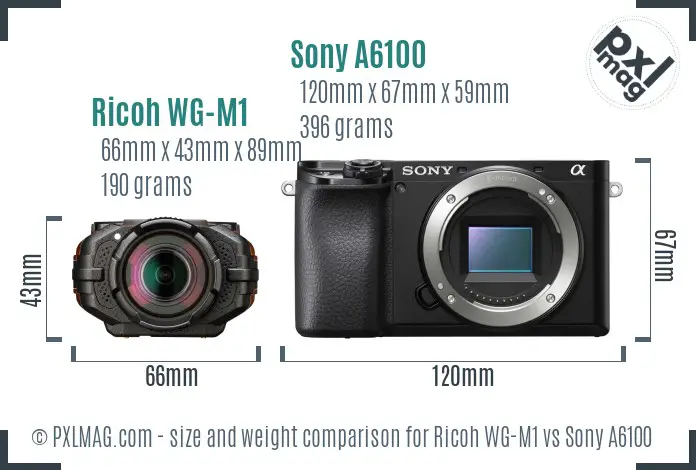 Ricoh WG-M1 vs Sony A6100 size comparison