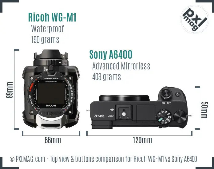 Ricoh WG-M1 vs Sony A6400 top view buttons comparison Ricoh WG-M1 vs Sony A6400 top view buttons comparison