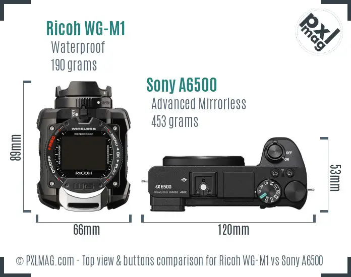 Ricoh WG-M1 vs Sony A6500 top view buttons comparison