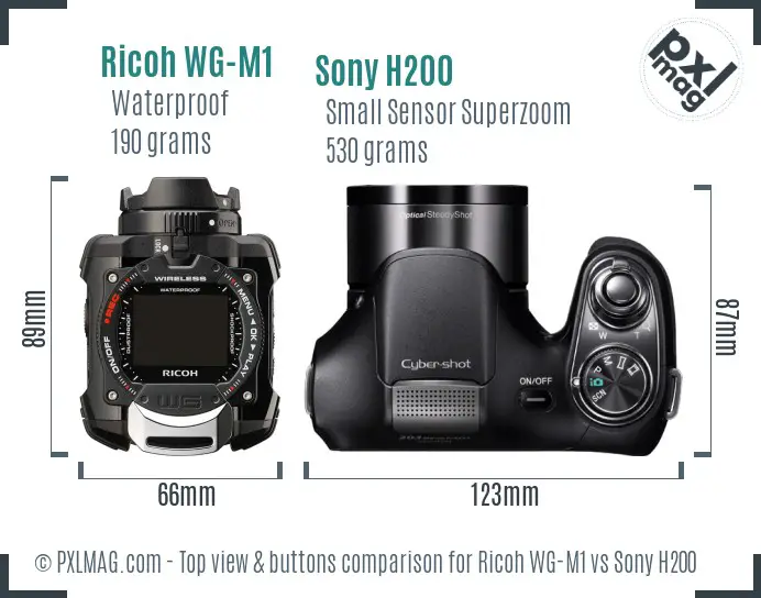 Ricoh WG-M1 vs Sony H200 top view buttons comparison Ricoh WG-M1 vs Sony H200 top view buttons comparison