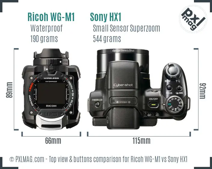 Ricoh WG-M1 vs Sony HX1 top view buttons comparison