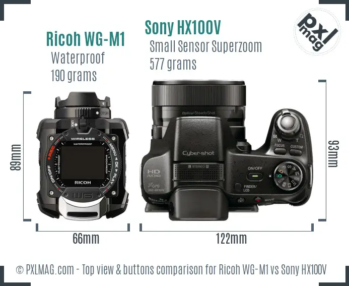 Ricoh WG-M1 vs Sony HX100V top view buttons comparison