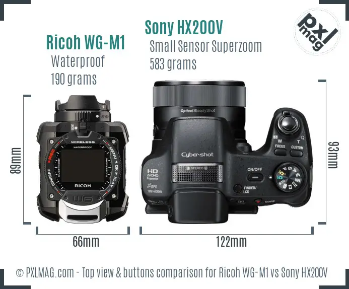 Ricoh WG-M1 vs Sony HX200V top view buttons comparison