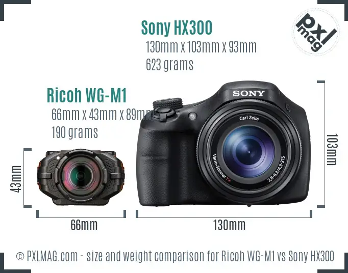 Ricoh WG-M1 vs Sony HX300 size comparison
