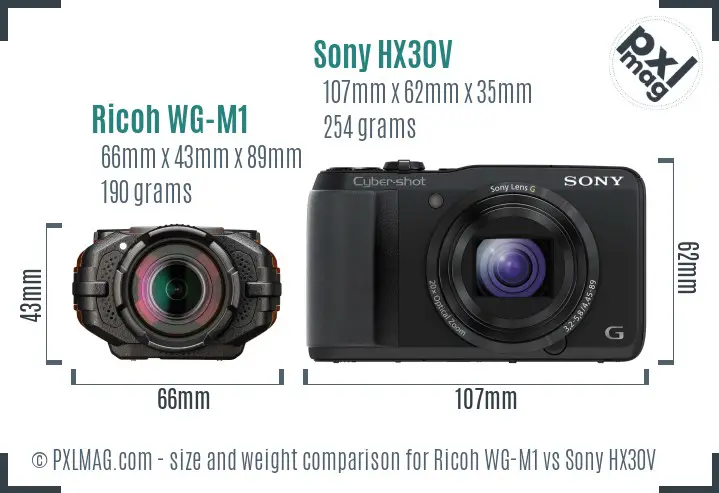 Ricoh WG-M1 vs Sony HX30V size comparison