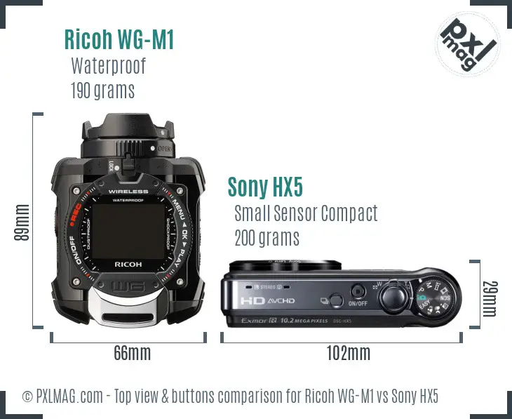 Ricoh WG-M1 vs Sony HX5 top view buttons comparison Ricoh WG-M1 vs Sony HX5 top view buttons comparison
