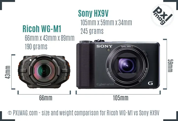 Ricoh WG-M1 vs Sony HX9V size comparison