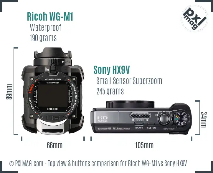 Ricoh WG-M1 vs Sony HX9V top view buttons comparison