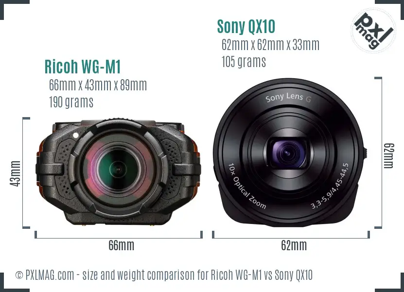 Ricoh WG-M1 vs Sony QX10 size comparison