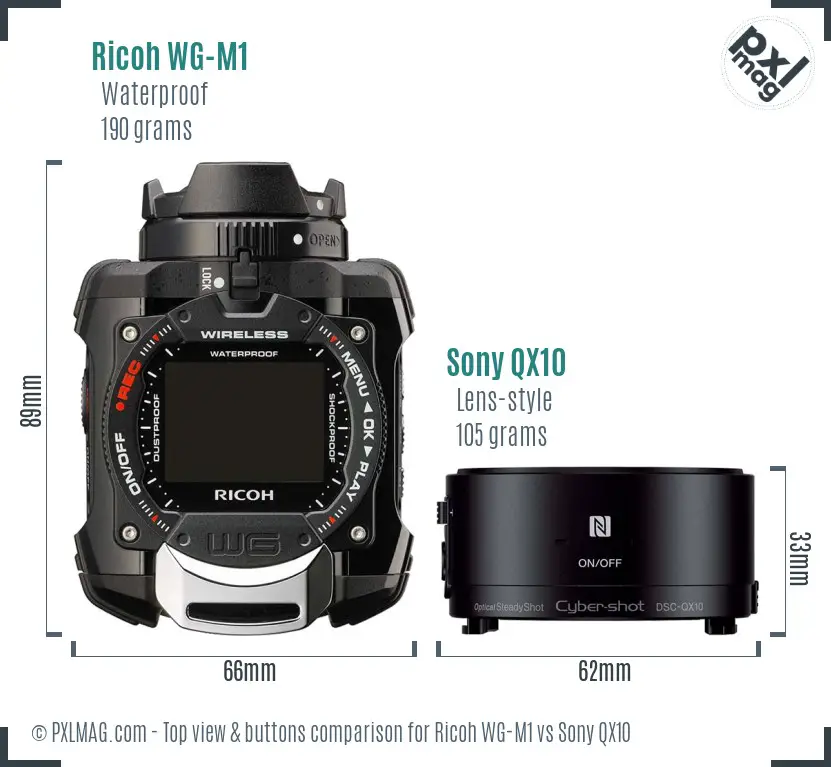 Ricoh WG-M1 vs Sony QX10 top view buttons comparison