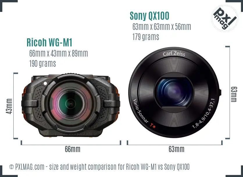Ricoh WG-M1 vs Sony QX100 size comparison Ricoh WG-M1 vs Sony QX100 size comparison