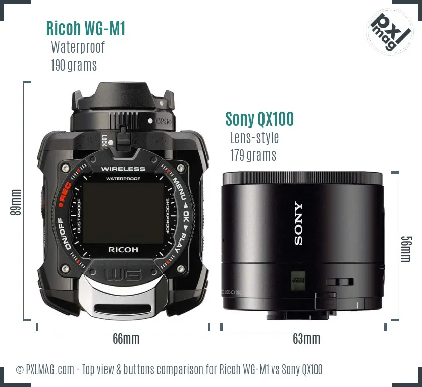 Ricoh WG-M1 vs Sony QX100 top view buttons comparison Ricoh WG-M1 vs Sony QX100 top view buttons comparison