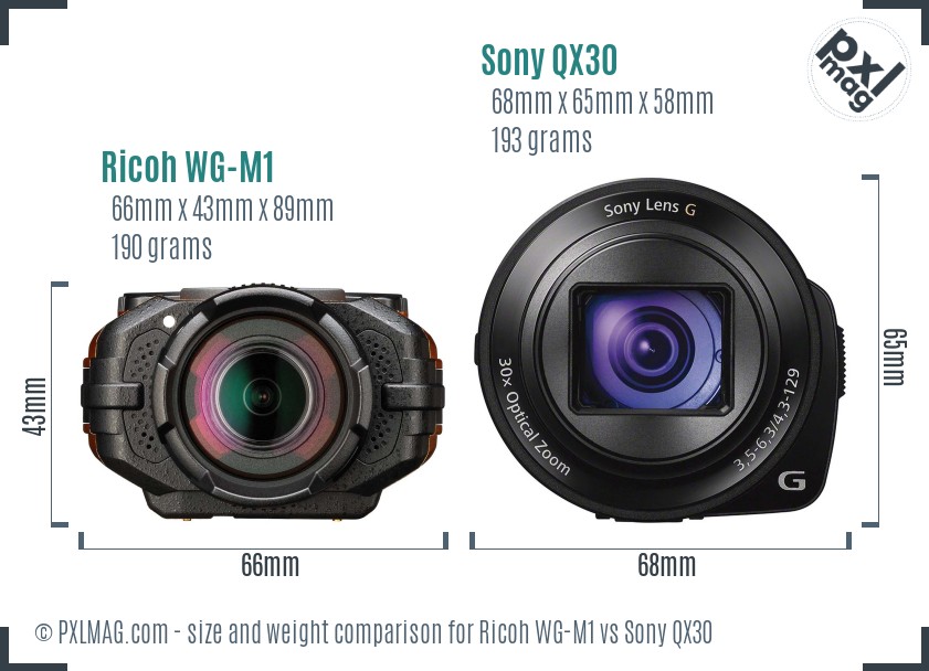 Ricoh WG-M1 vs Sony QX30 size comparison Ricoh WG-M1 vs Sony QX30 size comparison