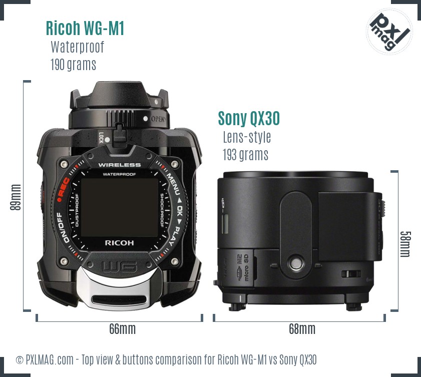 Ricoh WG-M1 vs Sony QX30 top view buttons comparison