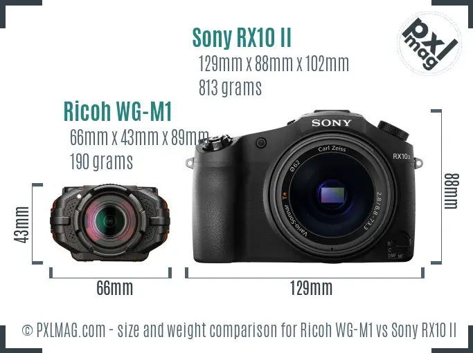 Ricoh WG-M1 vs Sony RX10 II size comparison