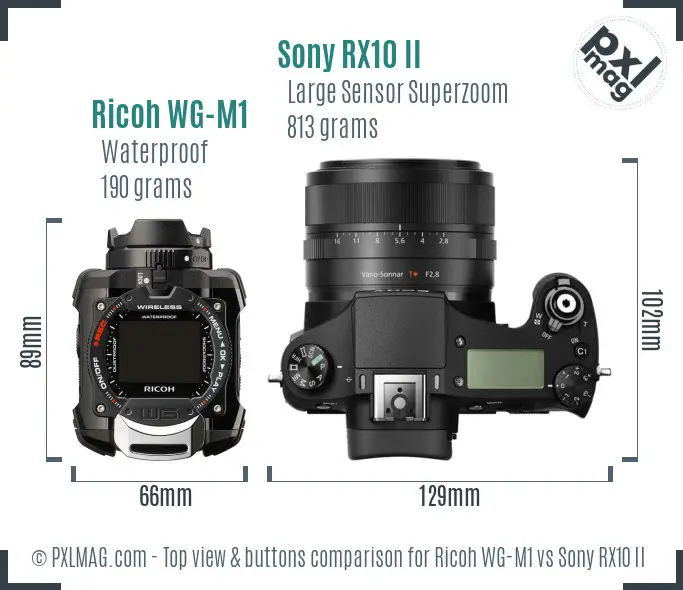 Ricoh WG-M1 vs Sony RX10 II top view buttons comparison