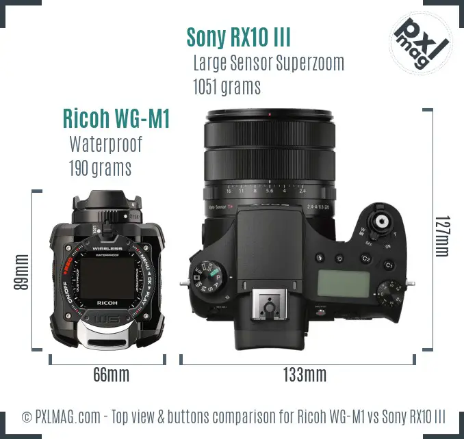 Ricoh WG-M1 vs Sony RX10 III top view buttons comparison