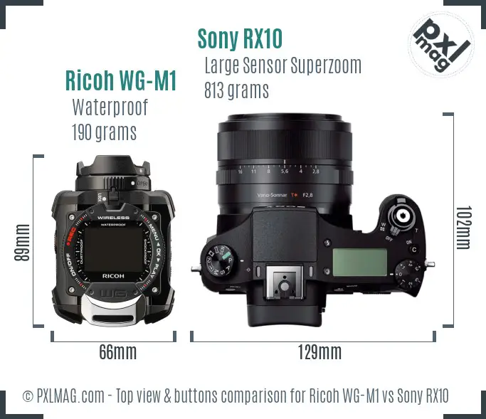 Ricoh WG-M1 vs Sony RX10 top view buttons comparison