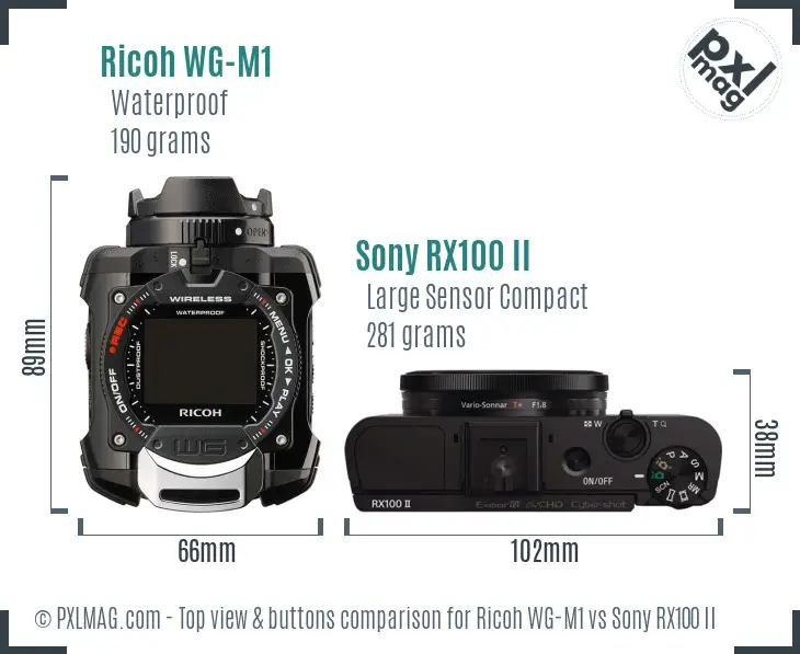 Ricoh WG-M1 vs Sony RX100 II top view buttons comparison