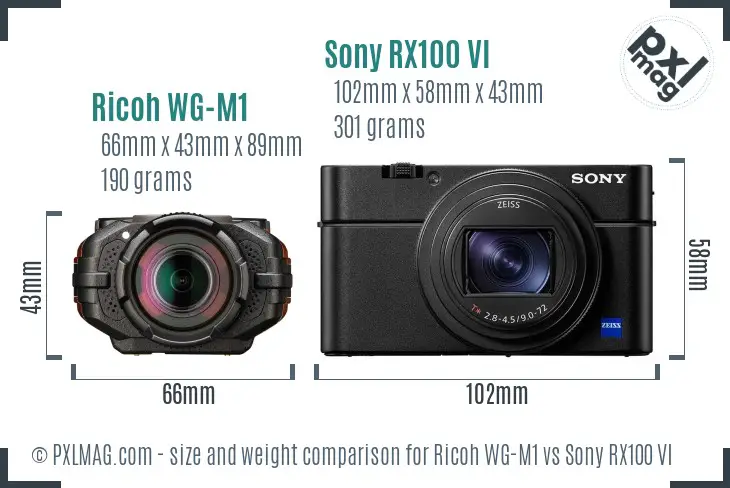 Ricoh WG-M1 vs Sony RX100 VI size comparison