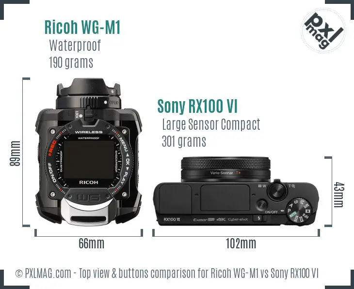 Ricoh WG-M1 vs Sony RX100 VI top view buttons comparison