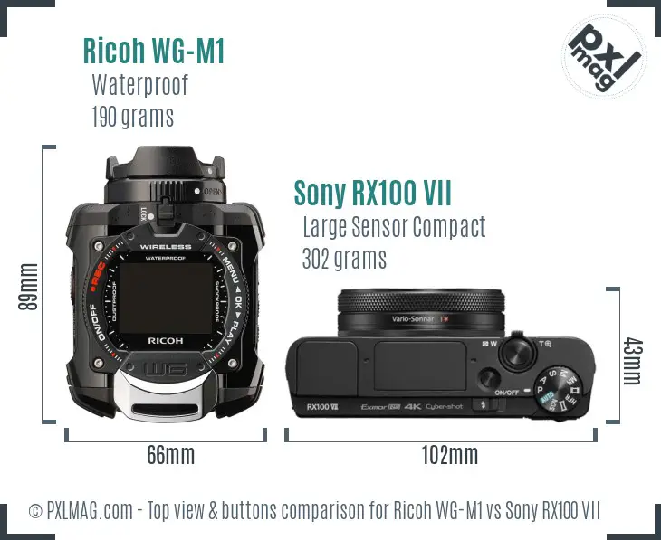 Ricoh WG-M1 vs Sony RX100 VII top view buttons comparison