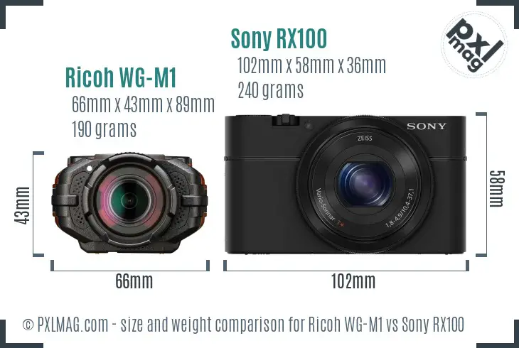 Ricoh WG-M1 vs Sony RX100 size comparison