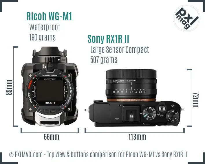 Ricoh WG-M1 vs Sony RX1R II top view buttons comparison