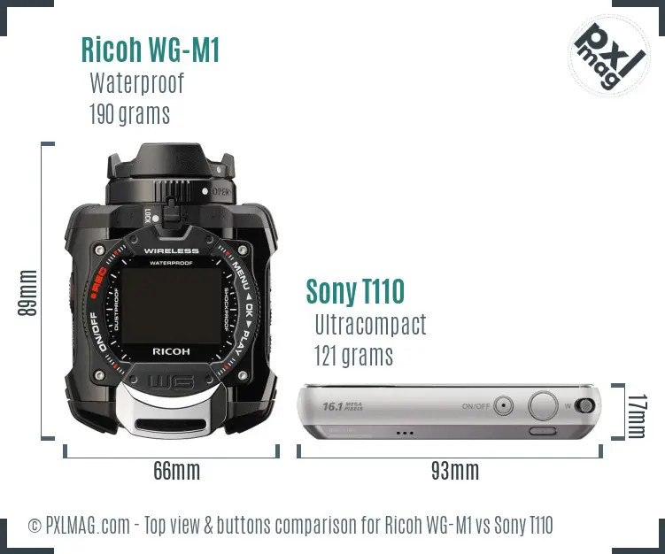 Ricoh WG-M1 vs Sony T110 top view buttons comparison