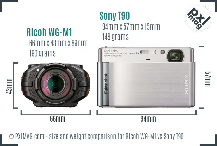 Ricoh WG-M1 vs Sony T90 size comparison