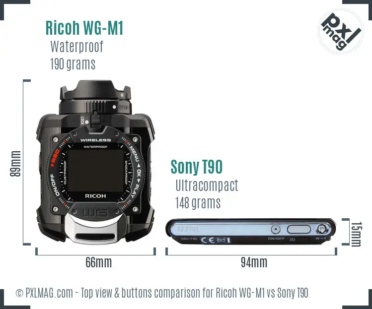 Ricoh WG-M1 vs Sony T90 top view buttons comparison