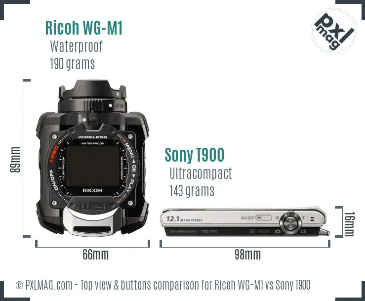 Ricoh WG-M1 vs Sony T900 top view buttons comparison