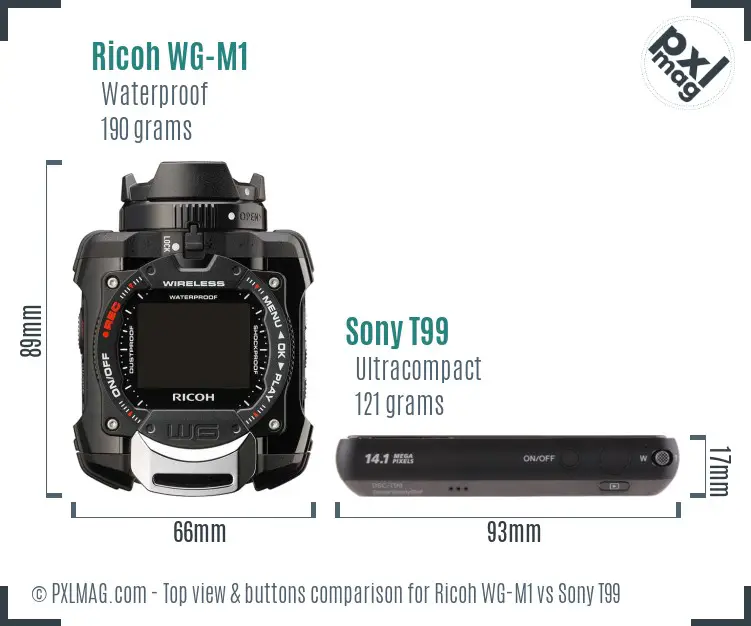 Ricoh WG-M1 vs Sony T99 top view buttons comparison