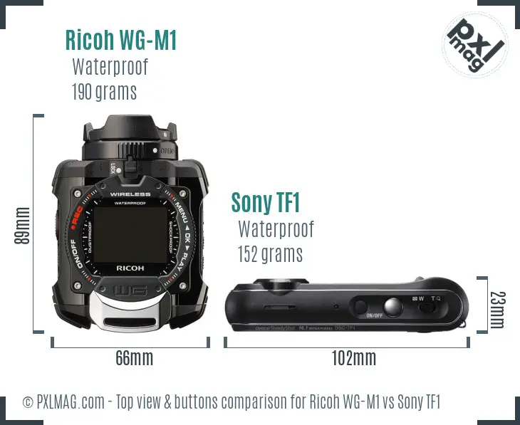 Ricoh WG-M1 vs Sony TF1 top view buttons comparison