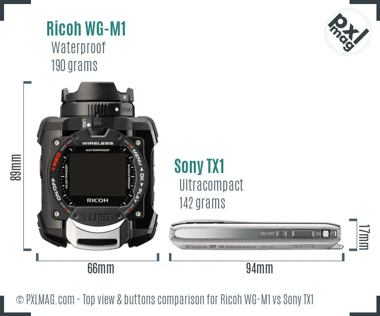 Ricoh WG-M1 vs Sony TX1 top view buttons comparison