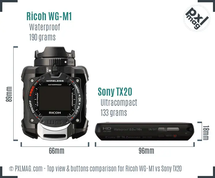 Ricoh WG-M1 vs Sony TX20 top view buttons comparison