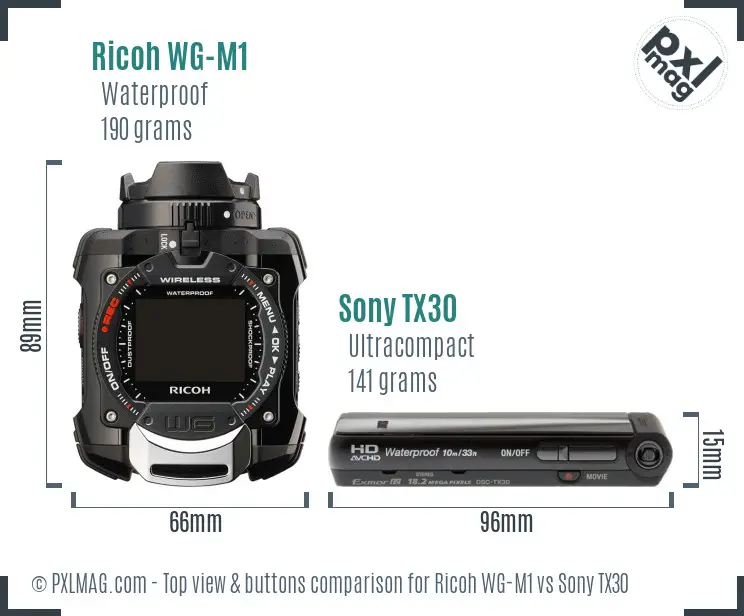 Ricoh WG-M1 vs Sony TX30 top view buttons comparison