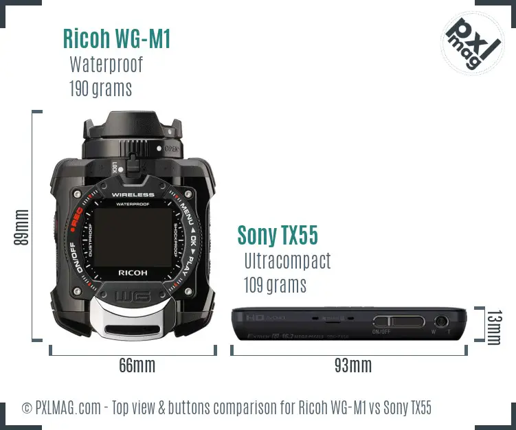 Ricoh WG-M1 vs Sony TX55 top view buttons comparison