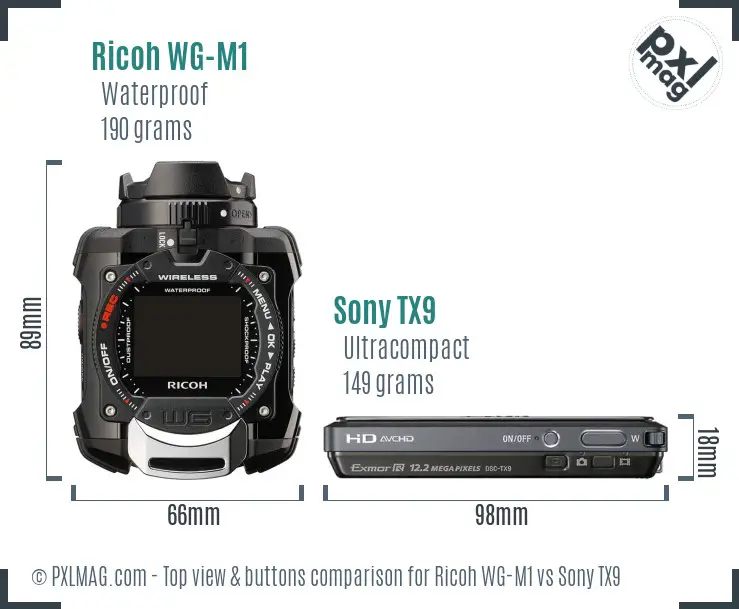 Ricoh WG-M1 vs Sony TX9 top view buttons comparison