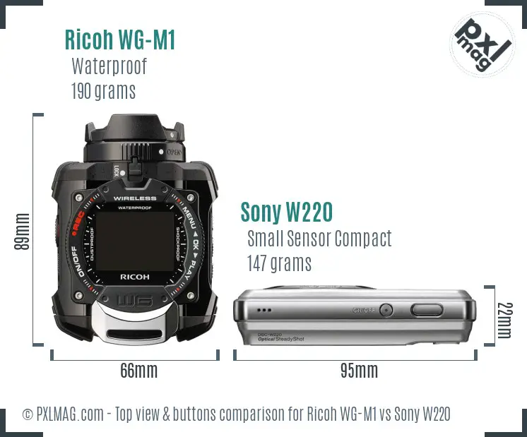 Ricoh WG-M1 vs Sony W220 top view buttons comparison