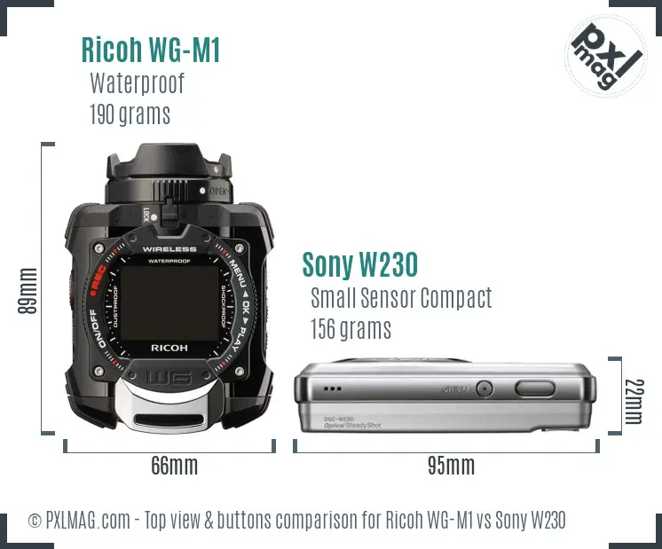 Ricoh WG-M1 vs Sony W230 top view buttons comparison