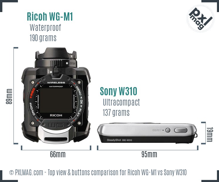 Ricoh WG-M1 vs Sony W310 top view buttons comparison
