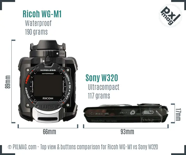 Ricoh WG-M1 vs Sony W320 top view buttons comparison