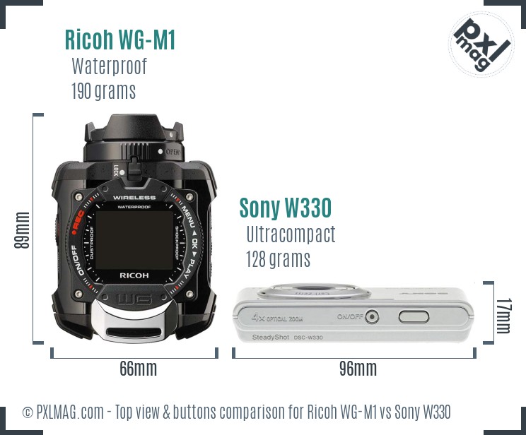 Ricoh WG-M1 vs Sony W330 top view buttons comparison