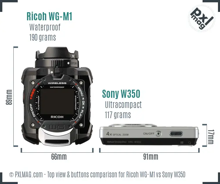 Ricoh WG-M1 vs Sony W350 top view buttons comparison