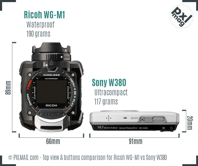 Ricoh WG-M1 vs Sony W380 top view buttons comparison